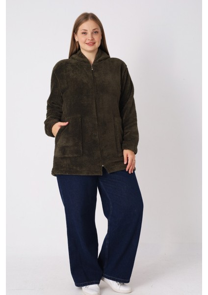 Kadın Büyük Beden Kapüşonlu Fermuarlı Cepli Soft Peluş Sweatshirt indirimleri