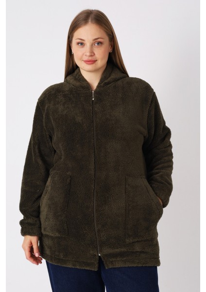 Kadın Büyük Beden Kapüşonlu Fermuarlı Cepli Soft Peluş Sweatshirt