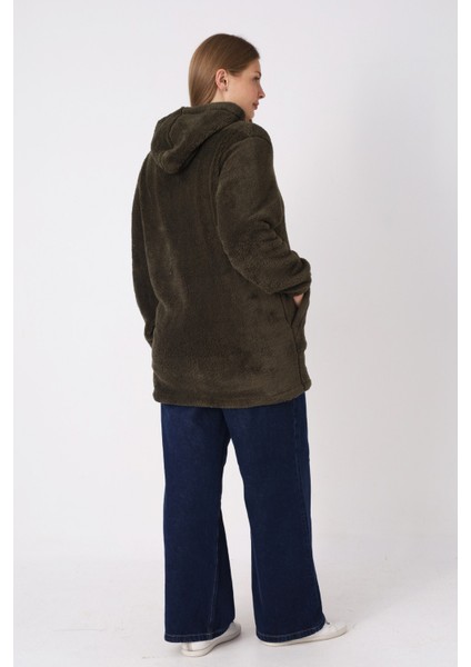 Kadın Büyük Beden Kapüşonlu Fermuarlı Cepli Soft Peluş Sweatshirt