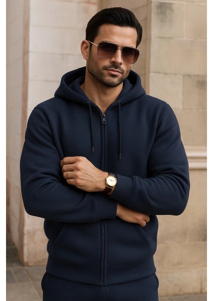 Erkek Kışlık Cepli Lacivert Oversize Sweatshirt