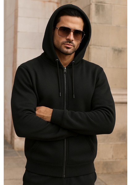 Erkek Kışlık Cepli Siyah Oversize Sweatshirt