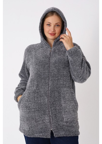 Kadın Büyük Beden Kapüşonlu Fermuarlı Cepli Soft Peluş Sweatshirt