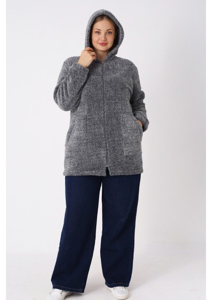 Kadın Büyük Beden Kapüşonlu Fermuarlı Cepli Soft Peluş Sweatshirt fiyatları