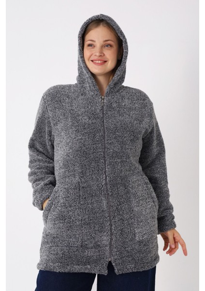 Kadın Büyük Beden Kapüşonlu Fermuarlı Cepli Soft Peluş Sweatshirt modelleri