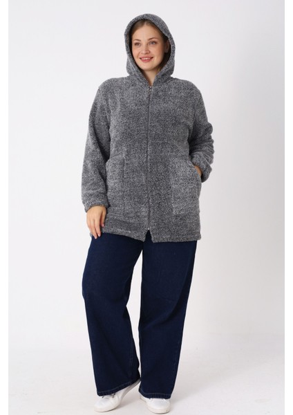 Kadın Büyük Beden Kapüşonlu Fermuarlı Cepli Soft Peluş Sweatshirt fırsatları