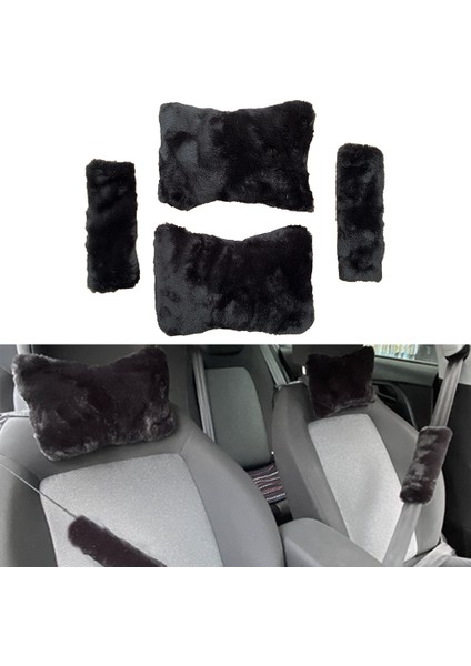 Peluş Ortopedik Araba Seyahat Boyun Yastığı Emniyet Kemer Pedi Seti Siyah