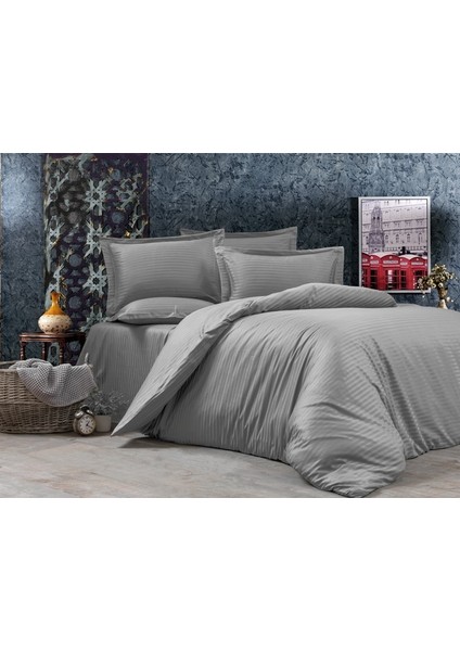 Saten Lastikli Çarşaflı Koyu Gri Çift Kişilik Nevresim Takımı