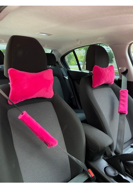 Peluş Ortopedik Araba Seyahat Boyun Yastığı Emniyet Kemer Pedi Seti Fuşya Pembe