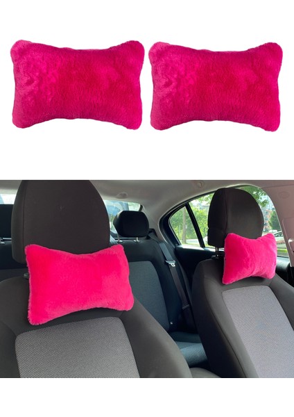 Yumuşak Peluşlu Ortopedik Araba Seyahat Boyun Yastığı 2'li Fuşya Pembe