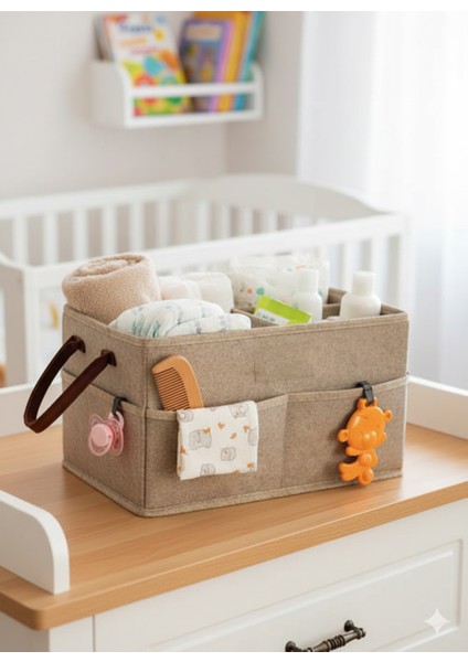 3 Bölmeli Deri Kulplu Keçe Bebek Organizeri | Çok Amaçlı Düzenleyici Çanta | Katlanabilir, Şık ve Pratik