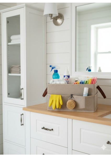 3 Bölmeli Deri Kulplu Keçe Bebek Organizeri | Çok Amaçlı Düzenleyici Çanta | Katlanabilir, Şık ve Pratik fırsatları