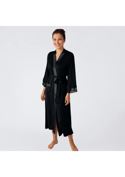 Laura Şifon Saten Detaylı Viskoz Sabahlık - Siyah / S