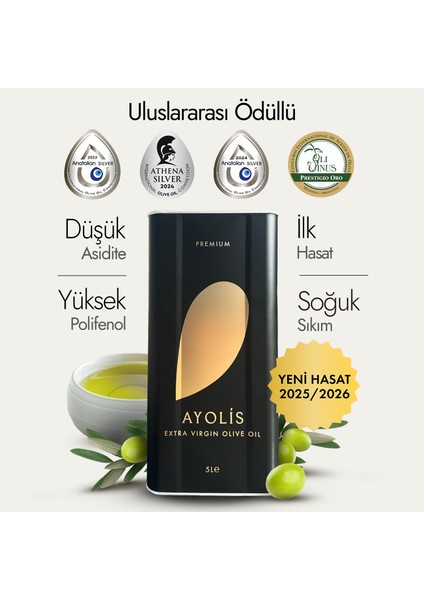 Premium Gurme Ayvalık Zeytinyağı 5 Lt Ödüllü Yüksek Polifenollü Erken Hasat Soğuk Sıkım Natürel Sızma Zeytinyağı