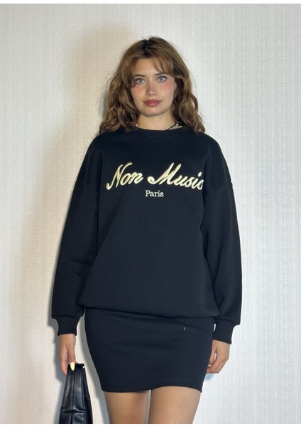 Kadın Bisiklet Yaka Nakış Baskılı Uzun Kollu Oversize Sweatshirt