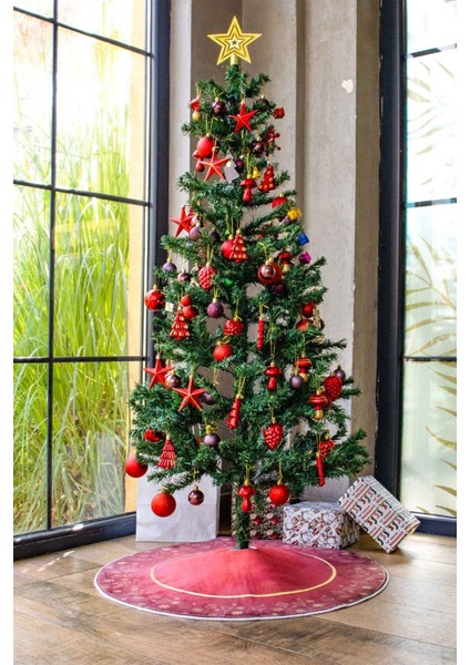 Yılbaşı Ağacı Altı Örtüsü | Yılbaşı Desenli Çam Ağacı Ayak Örtüsü Dot Tabanlı Halı | PAR0359