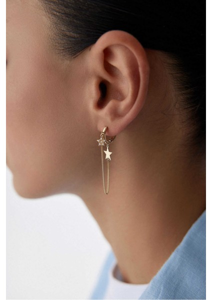 14 Ayar Altın Yıldız Zincir Sallantılı Küpe