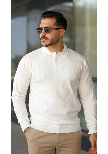 Erkek Düğmeli Yaka Çizgi Dokulu Uzun Kollu Triko