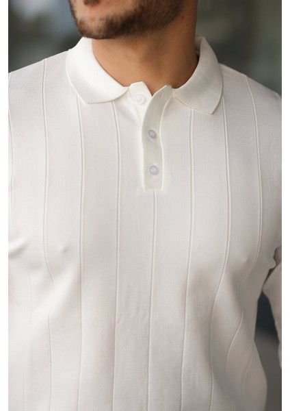 Erkek Düğmeli Yaka Çizgi Dokulu Uzun Kollu Triko fiyatları