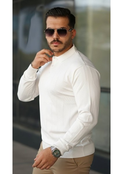 Erkek Düğmeli Yaka Çizgi Dokulu Uzun Kollu Triko modelleri