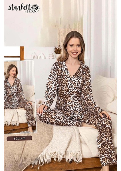Leopar Desenli Düğmeli Suprem Pijama Takımı - L