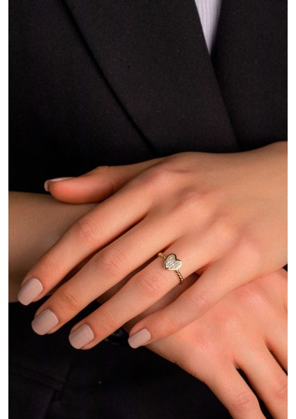 14 Ayar Altın Taşlı Kalp Yüzük modelleri