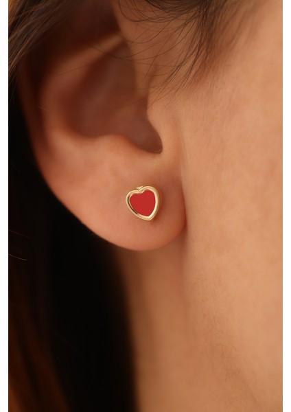 14 Ayar Altın Kırmızı Kalp Top Küpe