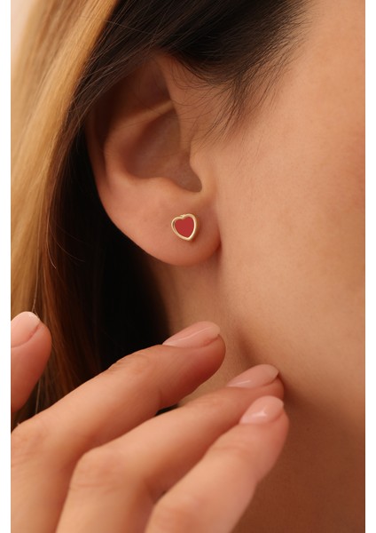 14 Ayar Altın Kırmızı Kalp Top Küpe modelleri