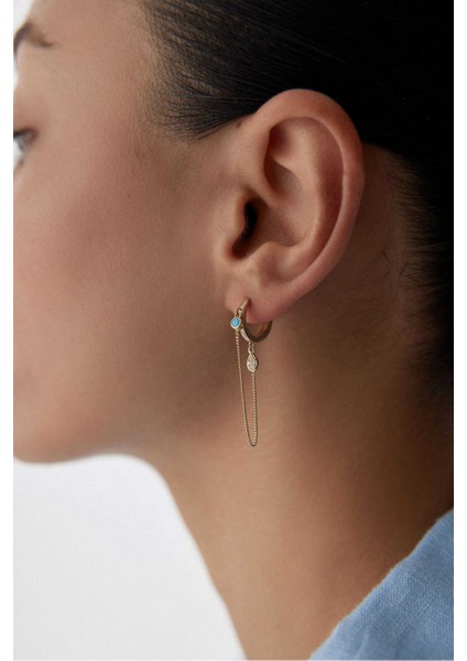 14 Ayar Altın Turkuaz Zincir Sallantılı Küpe