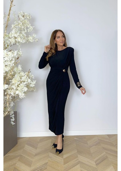 G1562 Drape ve Broş Detaylı Elbise Siyah