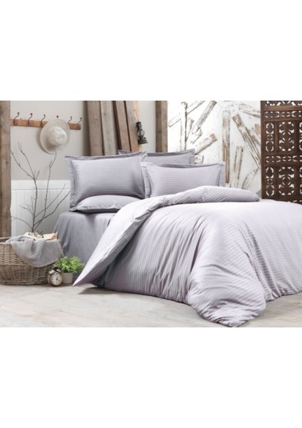 Saten Lastikli Çarşaflı Açık Gri Çift Kişilik Nevresim Takımı