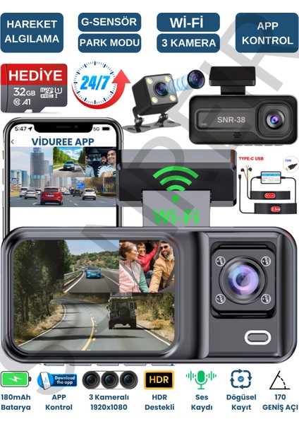 SNR-38 WiFi Araç İçi Güvenlik Kamerası 3 Kameralı + 7/24 Park Modu Kablosu Ön-Arka-İç Kayıt,DashCam