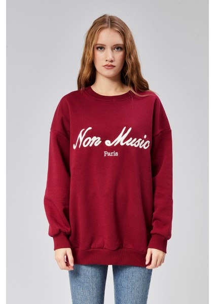 Kadın Bisiklet Yaka Nakış Baskılı Uzun Kollu Oversize Sweatshirt