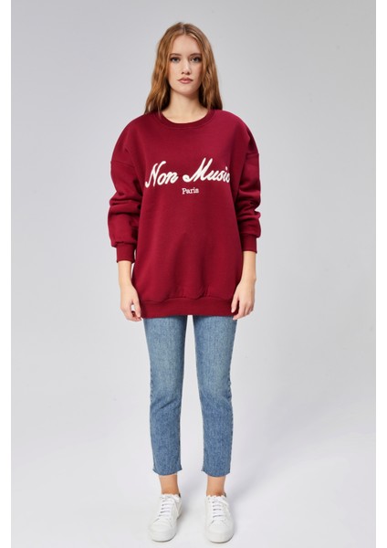 Kadın Bisiklet Yaka Nakış Baskılı Uzun Kollu Oversize Sweatshirt fırsatları