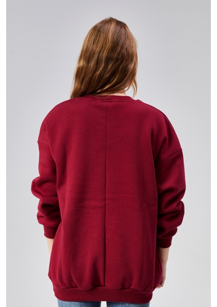 Kadın Bisiklet Yaka Nakış Baskılı Uzun Kollu Oversize Sweatshirt