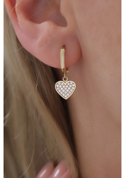 14 Ayar Altın Halka Taşlı Kalp Küpe