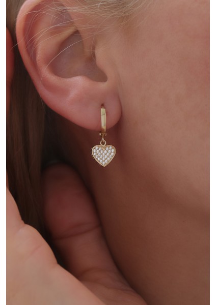 14 Ayar Altın Halka Taşlı Kalp Küpe modelleri