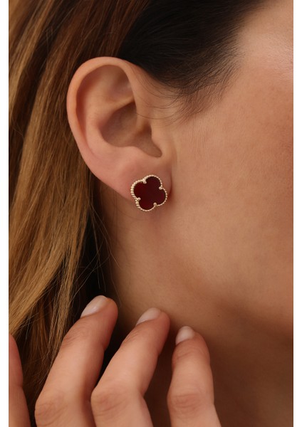 14 Ayar Altın Bordo Renkli Yonca Top Küpe