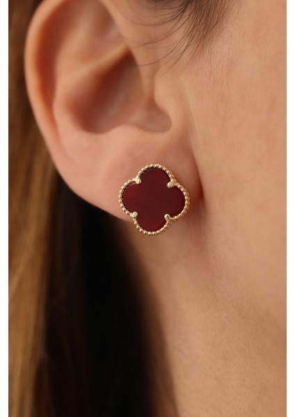 14 Ayar Altın Bordo Renkli Yonca Top Küpe fiyatları