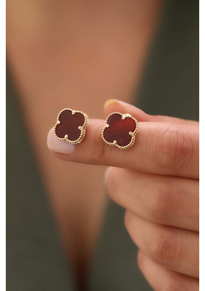 14 Ayar Altın Bordo Renkli Yonca Top Küpe modelleri