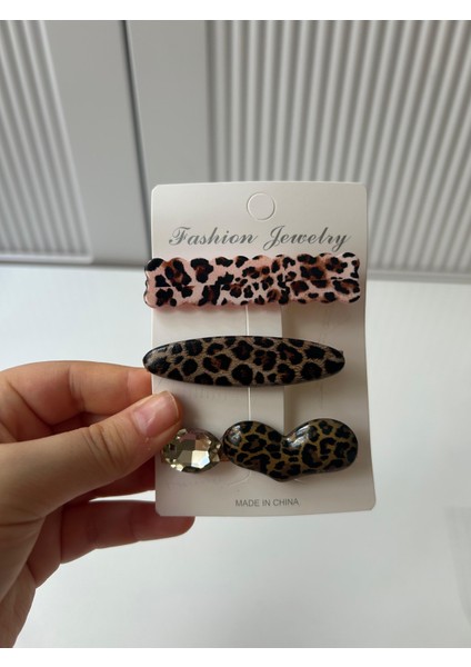 Leopar Desenli Taşlı 3'lü Toka Seti