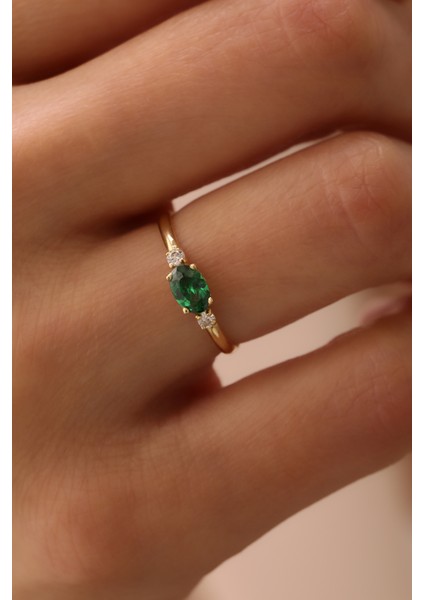 14 Ayar Altın Oval Taşlı Yatay Zümrüt Yüzük fiyatları