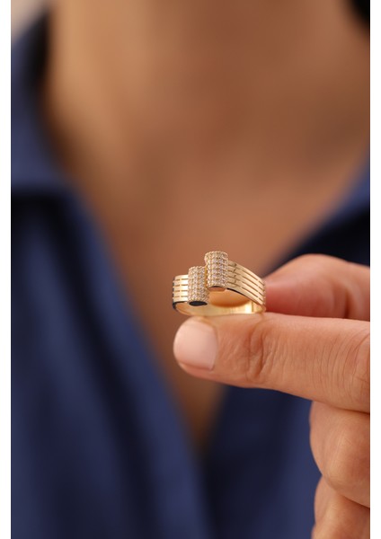 14 Ayar Altın Çift Taş Detaylı Modern Yüzük