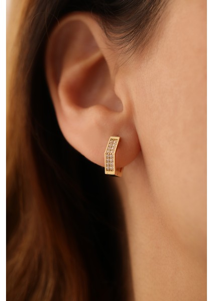 14 Ayar Altın Geometrik Taşlı Halka Küpe