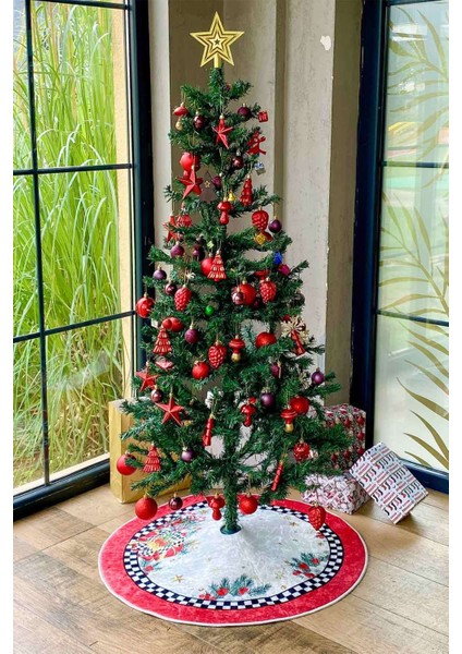 Yılbaşı Ağacı Altı Örtüsü | Yılbaşı Desenli Çam Ağacı Ayak Örtüsü Dot Tabanlı Halı | PAR0359