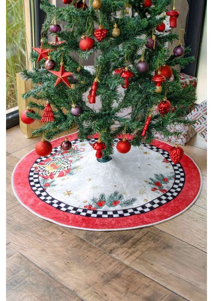 Yılbaşı Ağacı Altı Örtüsü | Yılbaşı Desenli Çam Ağacı Ayak Örtüsü Dot Tabanlı Halı | PAR0359 modelleri