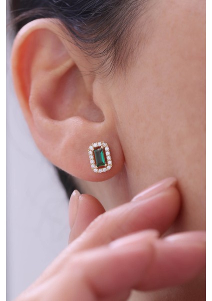 14 Ayar Altın Yeşil Zümrüt Baget Küpe