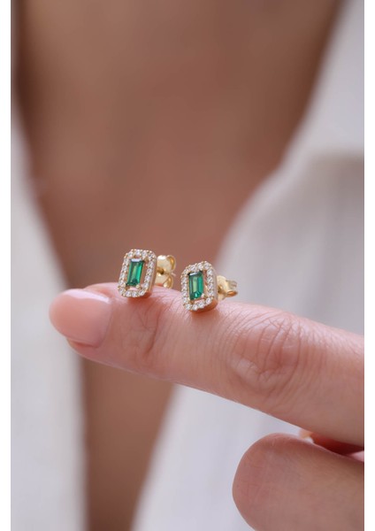 14 Ayar Altın Yeşil Zümrüt Baget Küpe modelleri