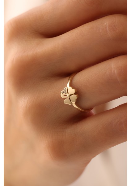 14 Ayar Altın Taşlı Yonca Yüzük