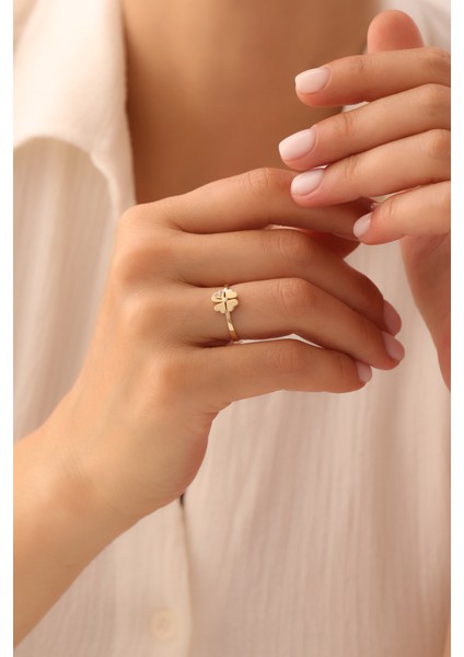 14 Ayar Altın Taşlı Yonca Yüzük modelleri