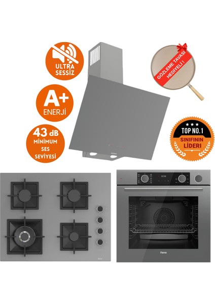 Fryart&silentart-Steamart Fi Sessiz Antrasit Gri Ankastre Set (D079-SA+XE64CPR+SC408-WFA Wok)